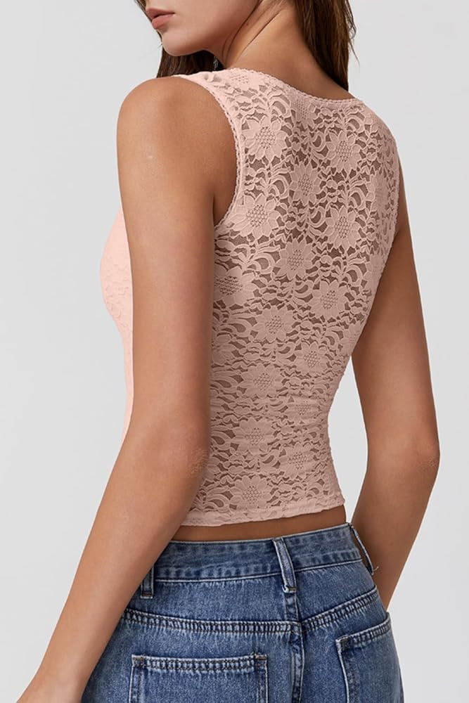 Amazon.com: QINSEN Camiseta sin mangas de encaje para mujer, ajuste adelgazante, cuello cuadrado,... | Amazon (US)