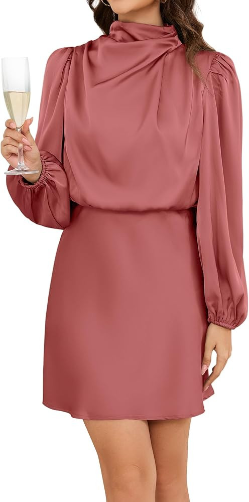 Women's 2025 Fall Long Sleeve Satin Short Dress Elegant Mock Neck Formal Wedding Guest Cocktail P... | Amazon (US)