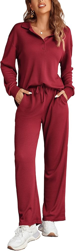 Ekouaer Waffle Knit Pajamas Set for Women 2 Piece Outfits Long Sleeve Button Top and Wide Leg Pan... | Amazon (US)