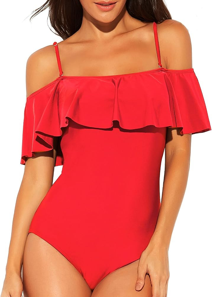 Women One Piece Flounce Swimsuit Vintage Printed Off Shoulder Flounce Ruffled Swimwear Bathing Su... | Amazon (US)