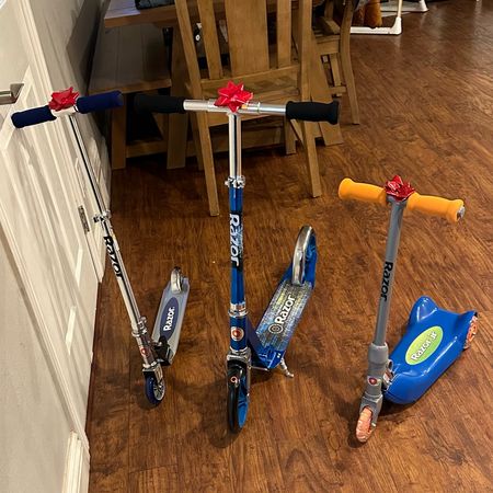 Razor scooters I got for my boys! Ages 5.5 (one on the left), 8 (one in the middle) and 3 (one on the right)