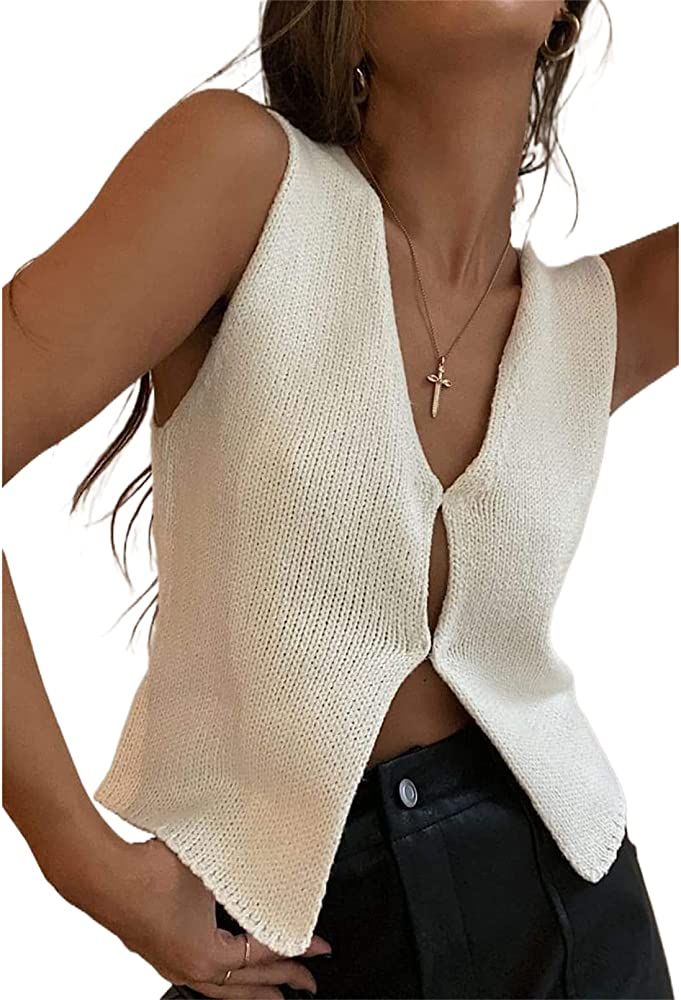 Women Crochet Knit Vest Solid Hollow Out Button Down V Neck Sleeveless Crop Tops Vintage Casual V... | Amazon (US)