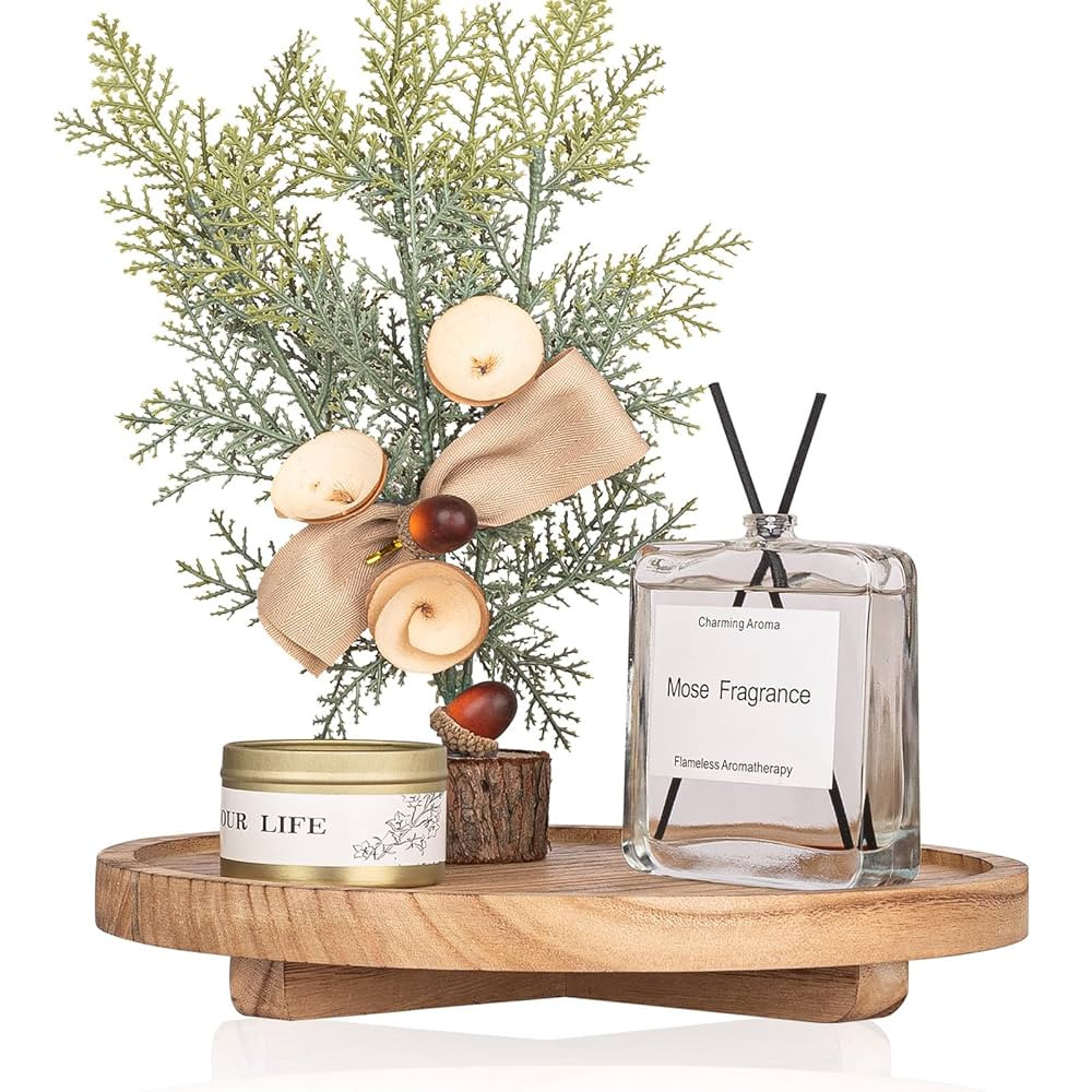 Round Decorative Tray Wood Bathroom Counter Organizer Farmhouse Kitchen Decor Wooden Riser for So... | Amazon (US)