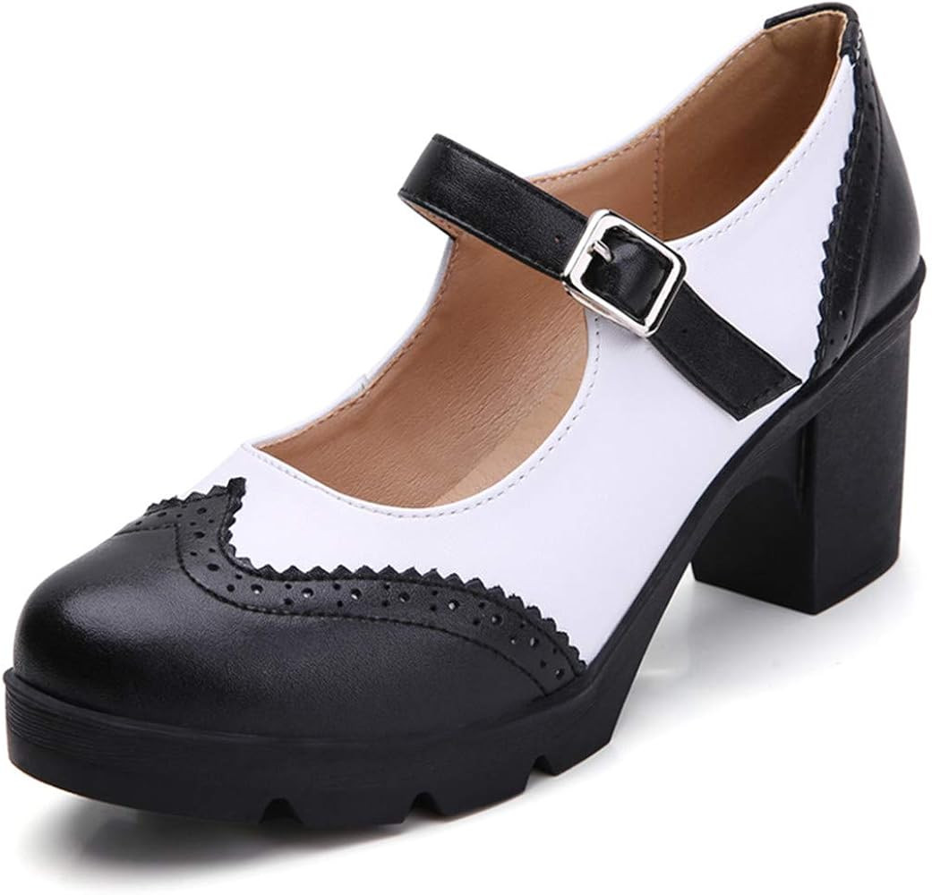 DADAWEN Women's Leather Classic Platform Mid Heel Mary Jane Square Toe Oxfords Dress Shoes | Amazon (US)
