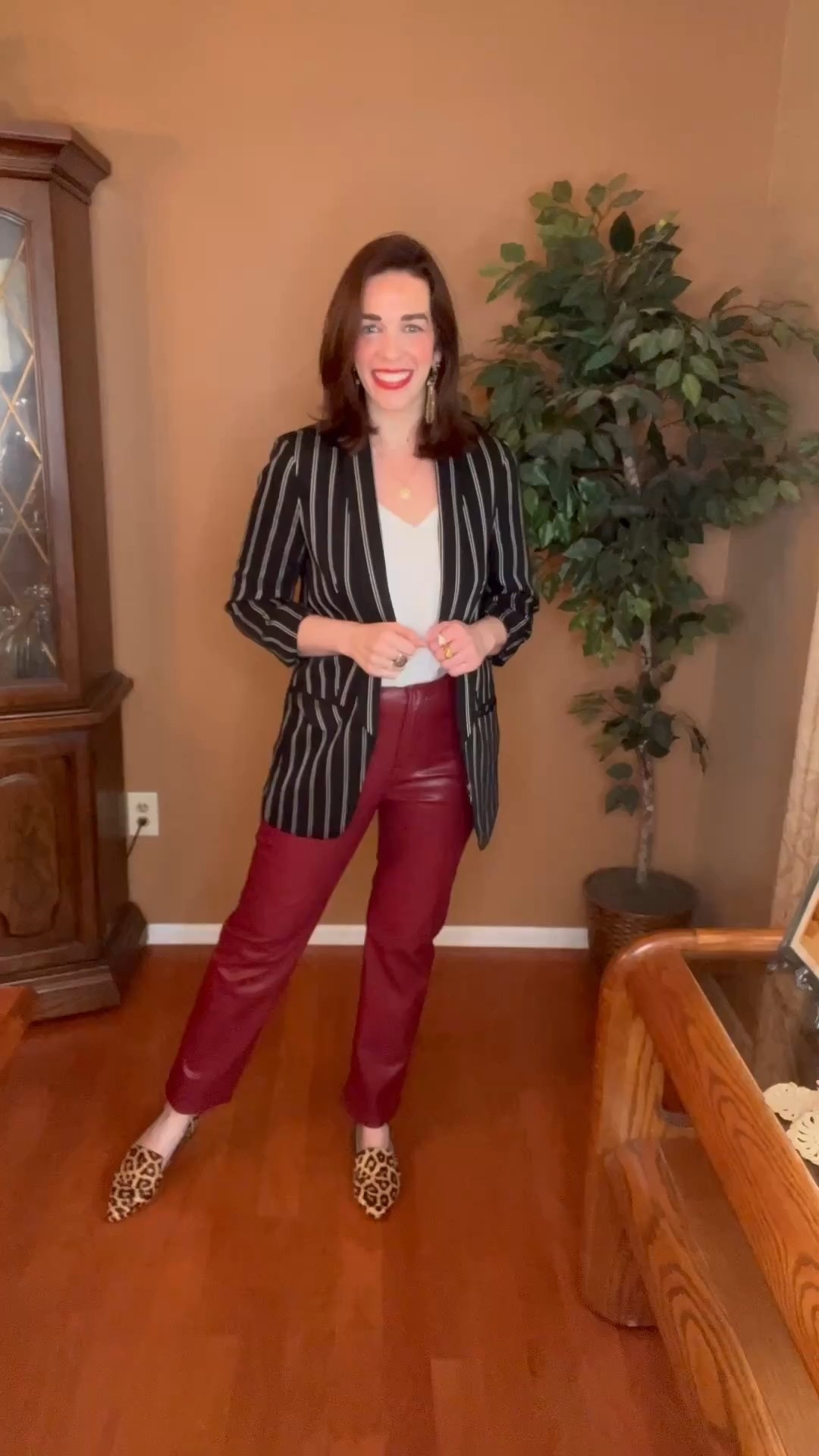 Striped blazer (small). White vneck tank (extra small). Red leather pants (4). Leopard loafers (8.5). #blazer #stripedblazer #tank #vnecktank #whitetank #pants #redpants #leatherpants #workwear #officeoutfit 
Business Casual #LTKStyleTip #LTKFallSale

#LTKFindsUnder100
