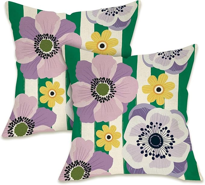 Fahrendom Floral Decorative Throw Pillow Covers 18 x 18 Set of 2, Purple Yellow Anemone Flowers P... | Amazon (US)