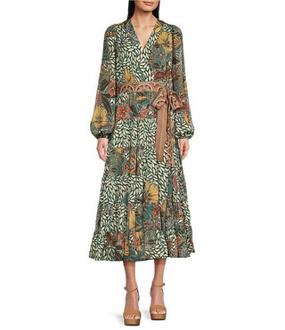 Gibson & Latimer Leaf Print Woven Moonshadow Satin Split V-Neck Long Blouson Sleeve Tiered A-Line... | Dillard's