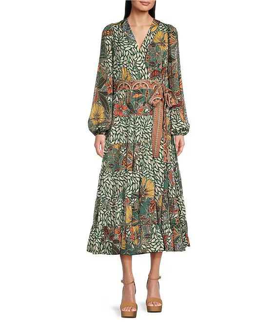 Gibson & Latimer Floral Leaf Print Tiered Long Sleeve Tie Waist Wrap Midi Dress | Dillard's | Dillard's