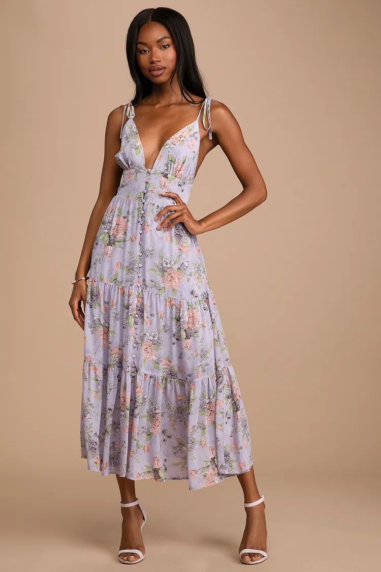 Everlasting Sight Lavender Floral Print Tie-Strap Midi Dress | Lulus