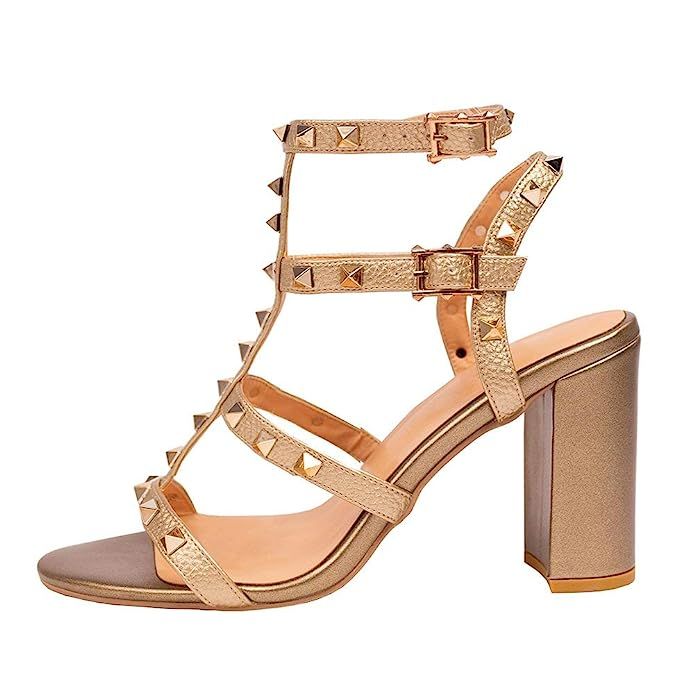 Comfity Leather Sandals for Women,Rivets Studded Strappy Block Heels Slingback Gladiator Shoes Cu... | Amazon (US)