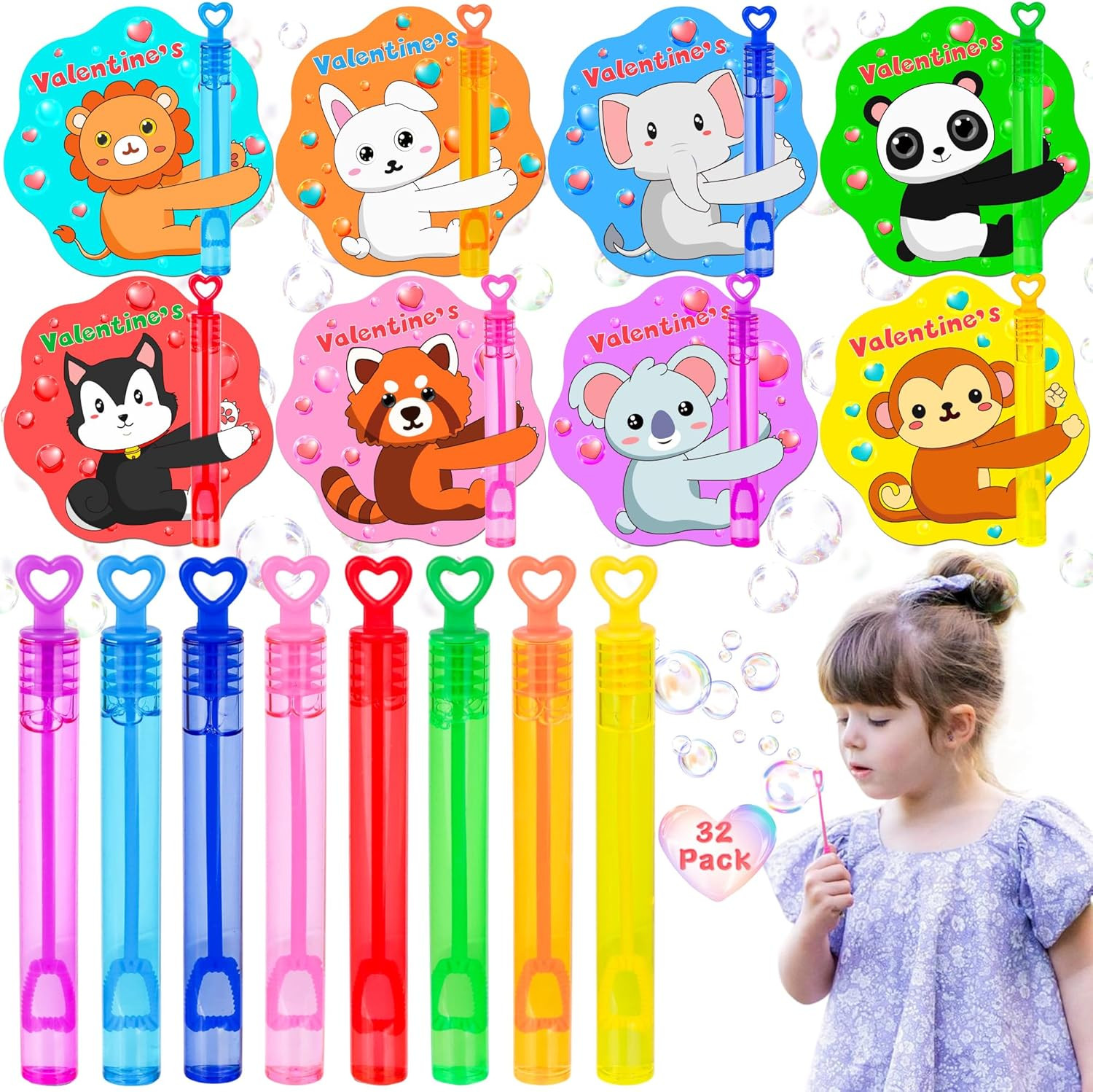 32 Pack Valentines Day Gifts for Kids Classroom Mini Bubble Wands with Valentines Animals Valenti... | Amazon (US)
