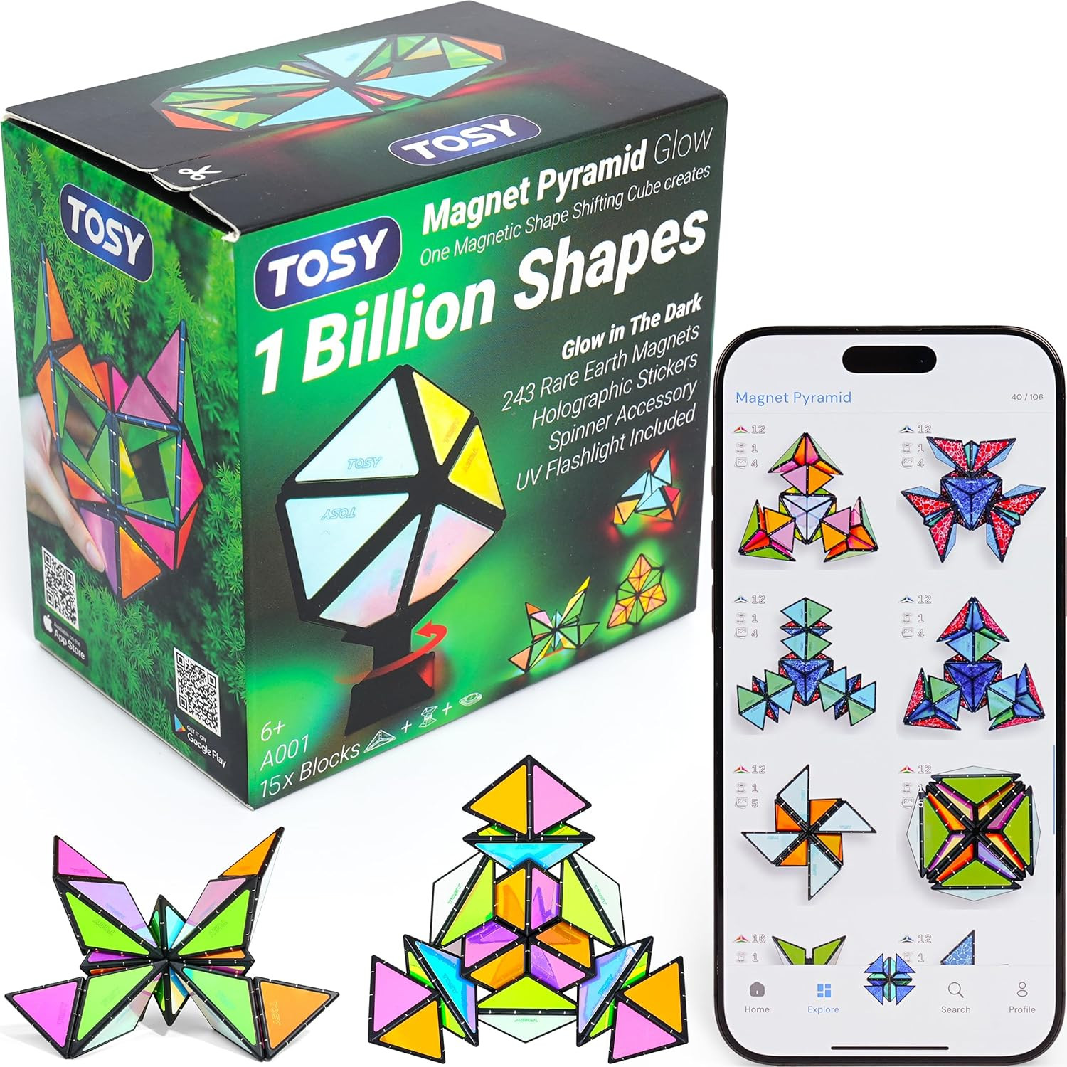 TOSY Magnet Pyramid Glow - 1 Cube Transforms into 1 Billion Shapes, 15 pcs (12 Puzzle pcs & 3 Acc... | Amazon (US)