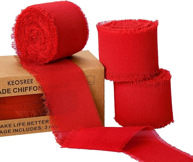 3 Rolls Red Handmade Chiffon Ribbon,1.5" x 21Yd Frayed Fringe Silk Ribbons (3 Rolls *7Yd) for Gif... | Amazon (US)