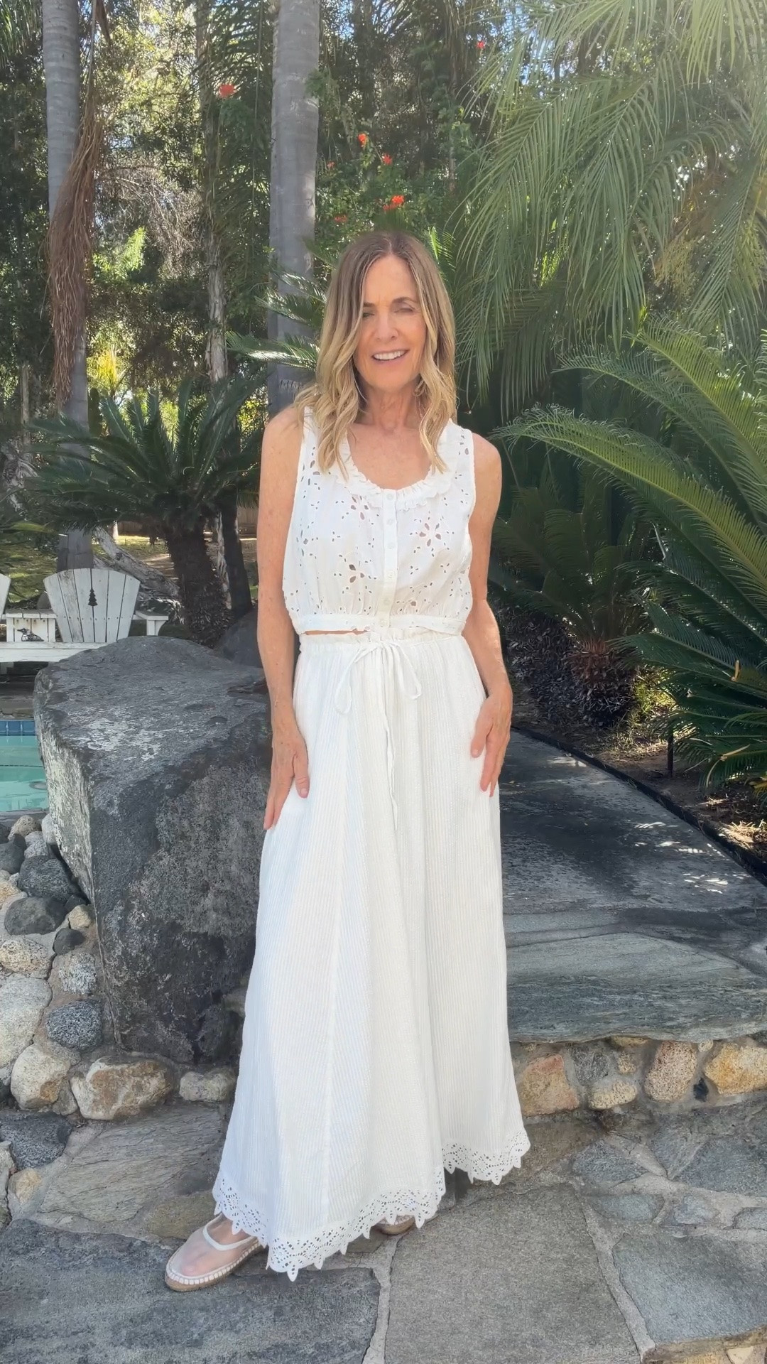 Summer outfit perfection! ☀️

This eyelet top and seersucker maxi skirt come as a set, but I love that you can mix and match the pieces too. The top would be so cute with jeans, and the skirt works with so many different tops.

Easy, comfortable, and one of those outfits you’ll reach for all summer long. 🤍I’m 5’4” wearing XS.

#LTKTravel #LTKOver40 #LTKSeasonal