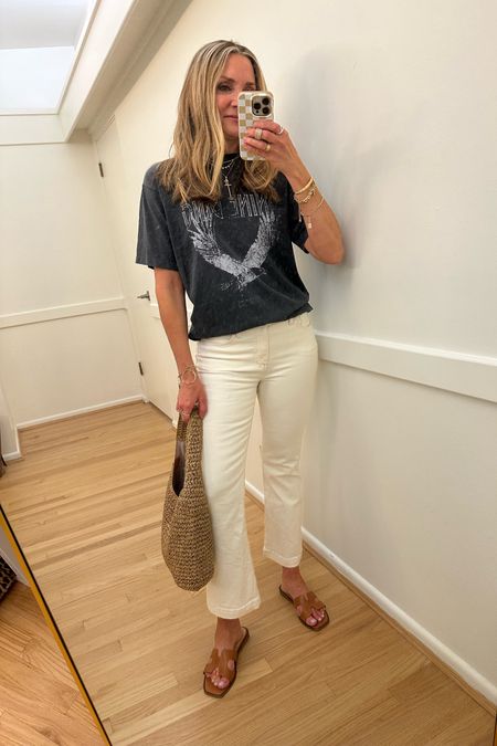 Summer outfit inspo! Anine Bing graphic tee, Madewell kick out crop flare ecru jeans, Madden h-style summer sandals  

#LTKOver40 #LTKFindsUnder100 #LTKSaleAlert