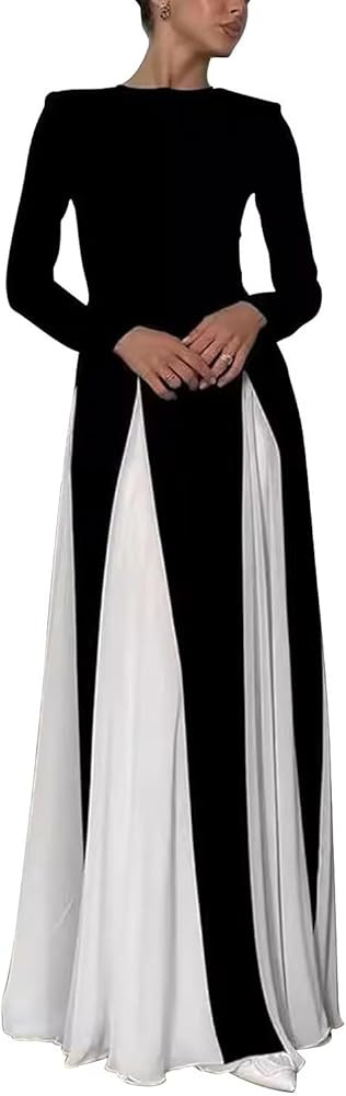 Elegant Long Sleeves Color Block Pleated Maxi Dress Low Cut Patchwork Swing Dress High Waist A Li... | Amazon (US)