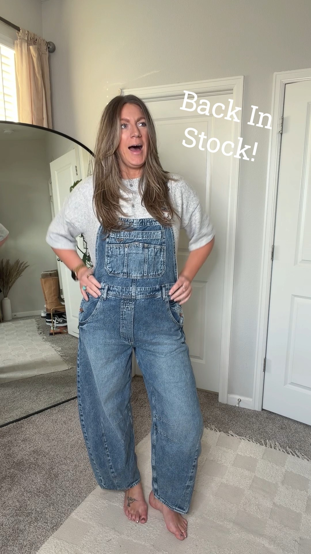 Barrel overalls are back in stock and come in lengths! 🙌🏻 Wearing a medium tall, large sweater 
US & 🇨🇦 links 

#LTKOver40 #LTKTall