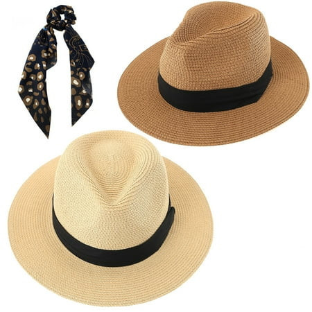 Panama Beach Hat for Women - 2 Pack Wide Brim Straw Hat for Summer Sun Beach Travel, Ivory and Tan Color | Walmart (US)