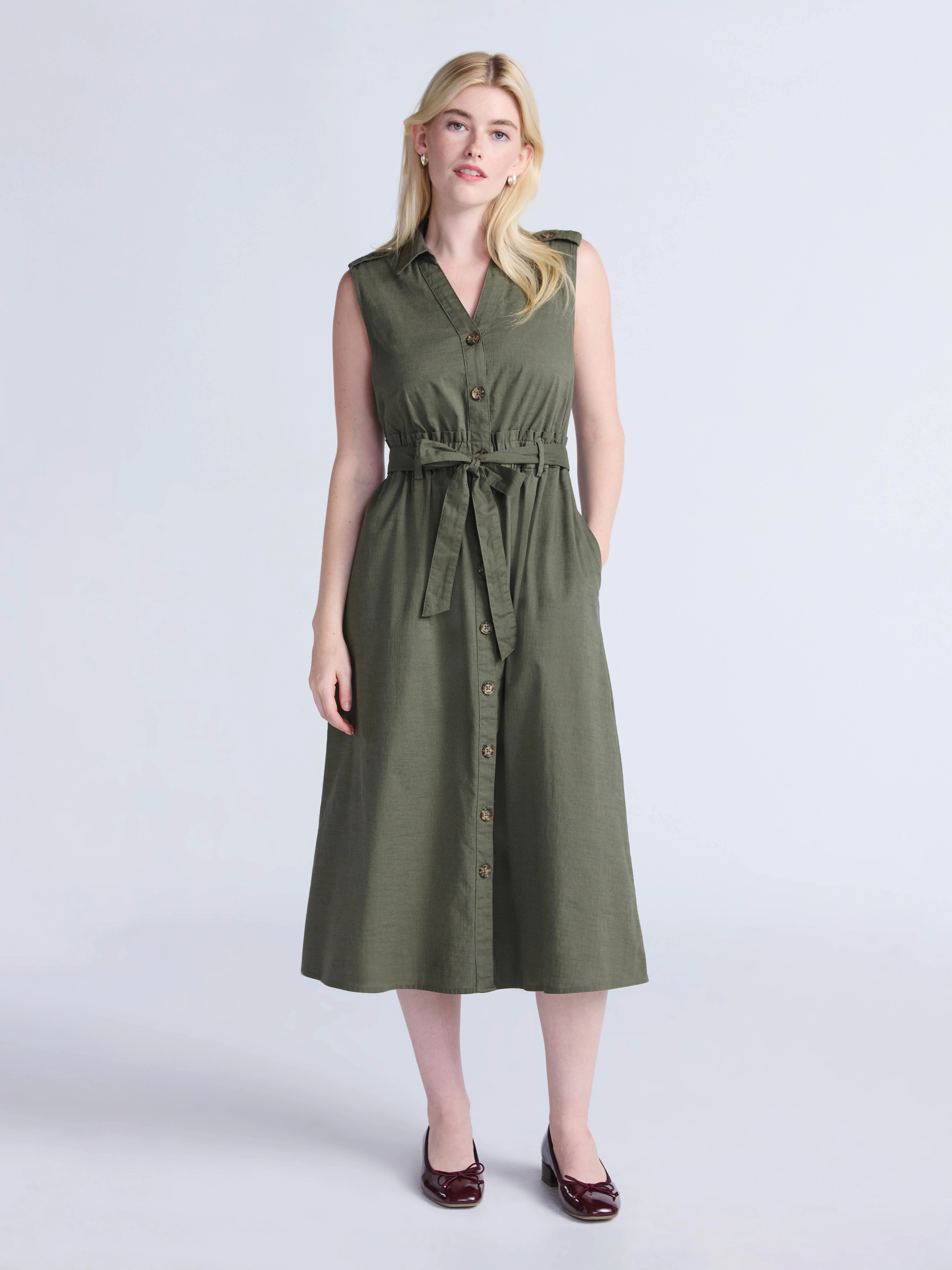 Time and Tru Women's Sleeveless Cotton Belted Midi Shirtdress, Sizes XS-XXXL | Walmart (US)