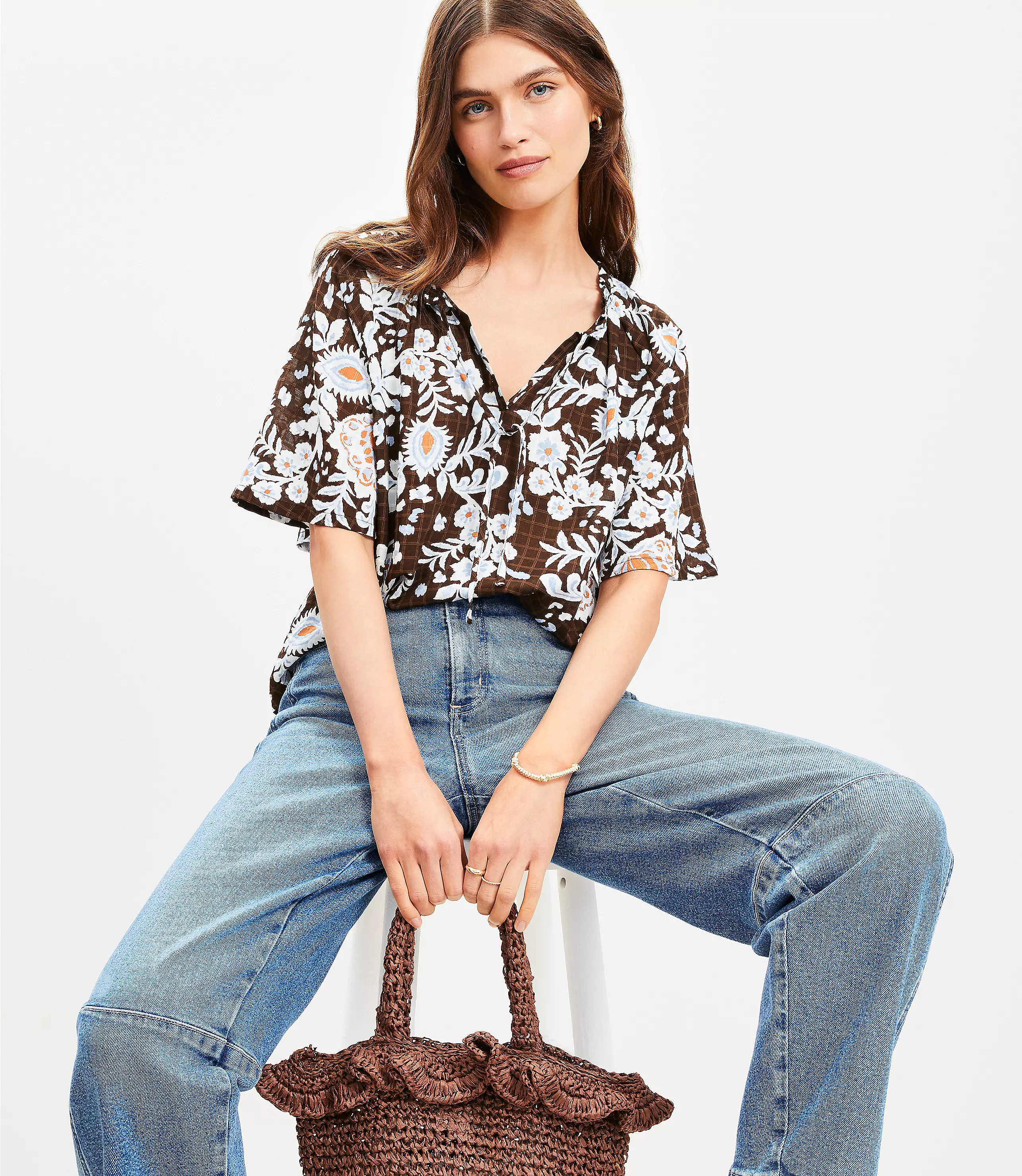 Floral Ruffle Tie Neck Blouse | LOFT