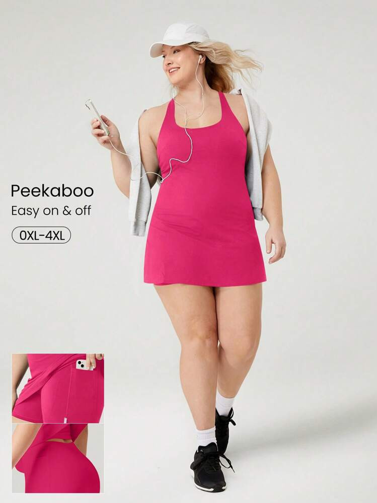 GLOWMODE FeatherFit™-Air Plus Size Peekaboo Strappy Dress With Built-In Anti-Slip Shorts Low Impact Yoga Pilates Daily Summer Dress Black Drss Quick Dry Moisture Wicking | SHEIN