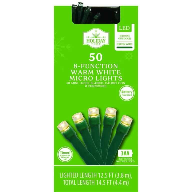 50-Count Battery-Operated 8-Function Warm White LED Micro Christmas Light, Green Wire, Holiday Ti... | Walmart (US)