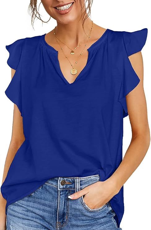 Kikula Womens Cap Sleeve Tops Casual Loose Sleeveless Ruffled V Neck T Shirts Blouse Tank Tops | Amazon (US)