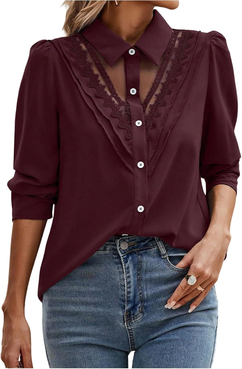 OYOANGLE Women's Lace Sheer Button Down Puff Blouse | Amazon (US)