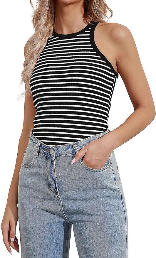 Striped Shirt Women Ribbed Tank Tops for Women High Neck Tops Racerback Sleveless Summer Casual S... | Amazon (US)