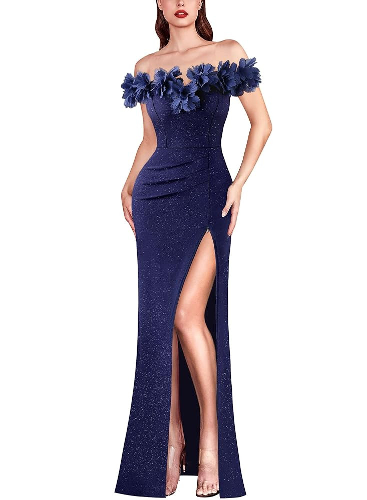 VFSHOW Womens Formal Prom Off Shoulder 3D Flowers Ruched Wedding Guest Maxi Dress 2025 Sexy High ... | Amazon (US)