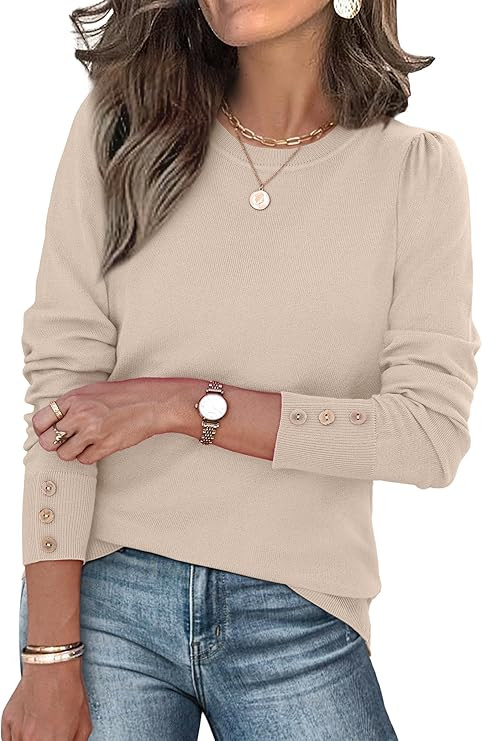 Womens Sweaters Fall Fashion 2025 Long Sleeve Button Cuff Soft Knit Pullover Trendy Tops Dressy C... | Amazon (US)