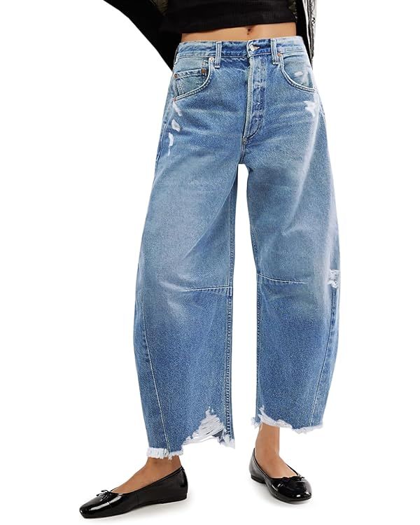 Cicy Bell Women's Baggy Wide Leg Jeans Barrel Horseshoe Boyfriend Cropped Raw Hem Denim Pants | Amazon (US)