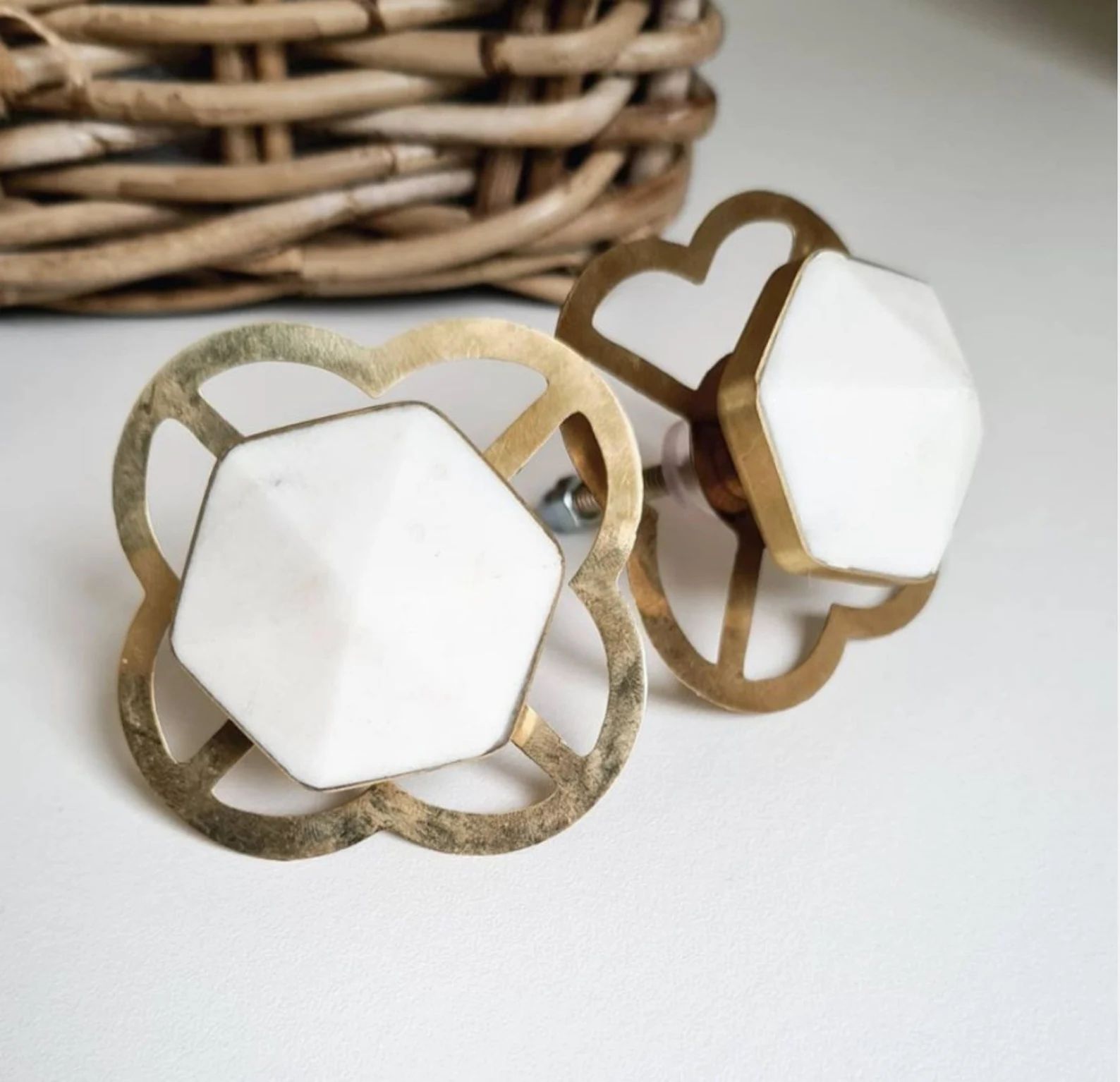 White Hexagon Stone with Brass Flower Drawer Knob | Etsy (US)