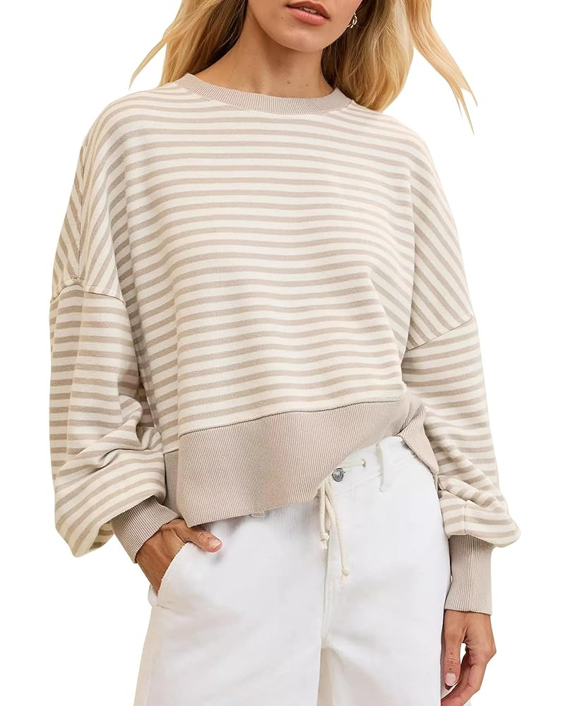 Gacaky Womens Striped Oversized Sweatshirts Classic Crew Pullover Tops 2025 Fall Hoodies Fashion ... | Amazon (US)