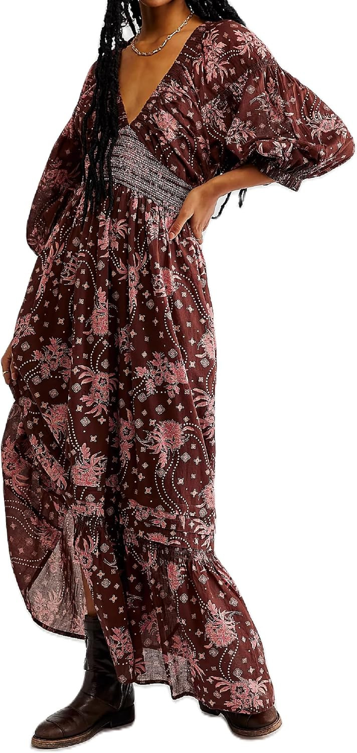 Women Puff Sleeve Floral Boho Maxi Dress v V Neck Bohemian Tiered Long Dresses Flowy Loose Fit Beach Vocation Dresses | Amazon (US)