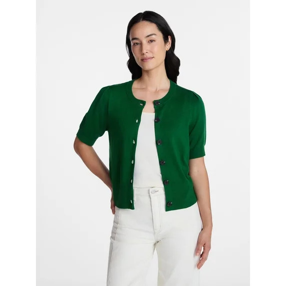 Time and Tru Women's Crewneck Cardigan with Short Sleeves, Lightweight, Sizes XS-XXXL | Walmart (US)
