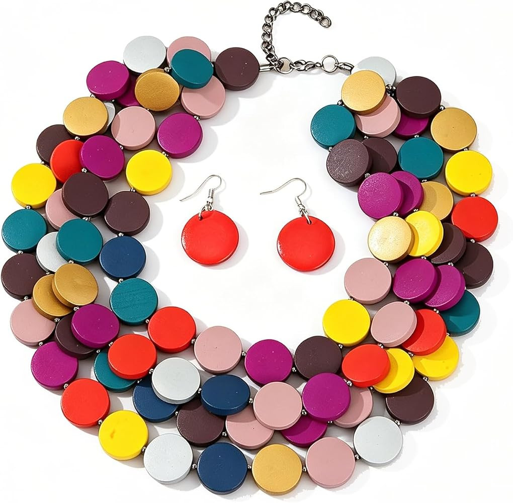 Chunky Wooden Choker Necklace and Earrings Set for Women,Colorful Bib Layered Necklace Boho Earri... | Amazon (US)