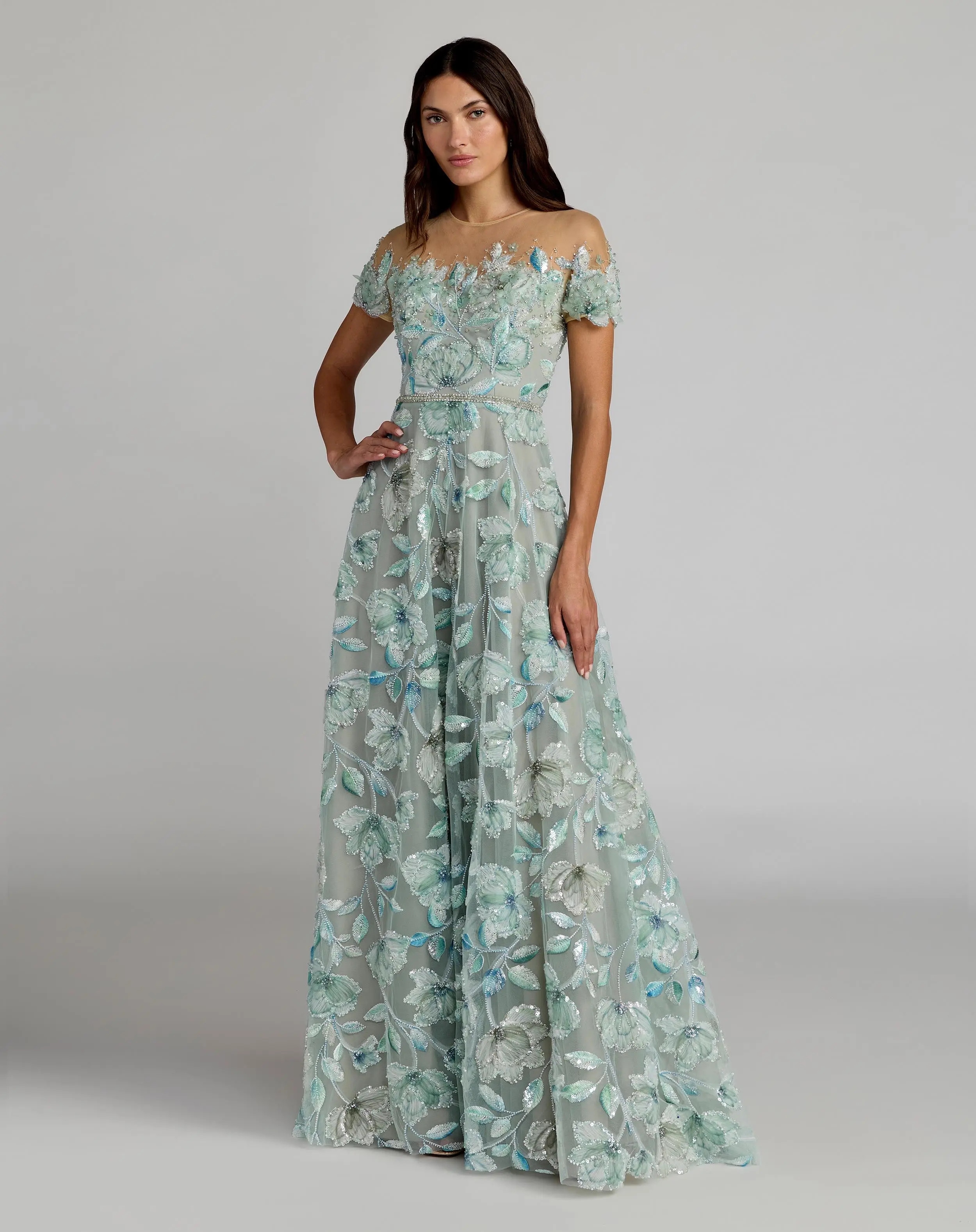 Green High Neck Embellished Cap Sleeve A-Line Gown | Mac Duggal | Mac Duggal