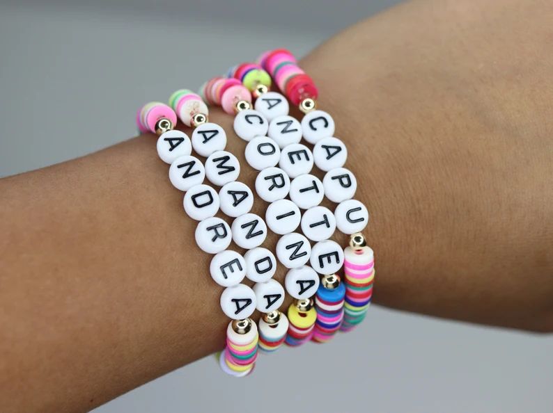 Custom Polymer beaded name bracelet, party gift favor for girls, colorful beach bracelet, rainbow... | Etsy (US)