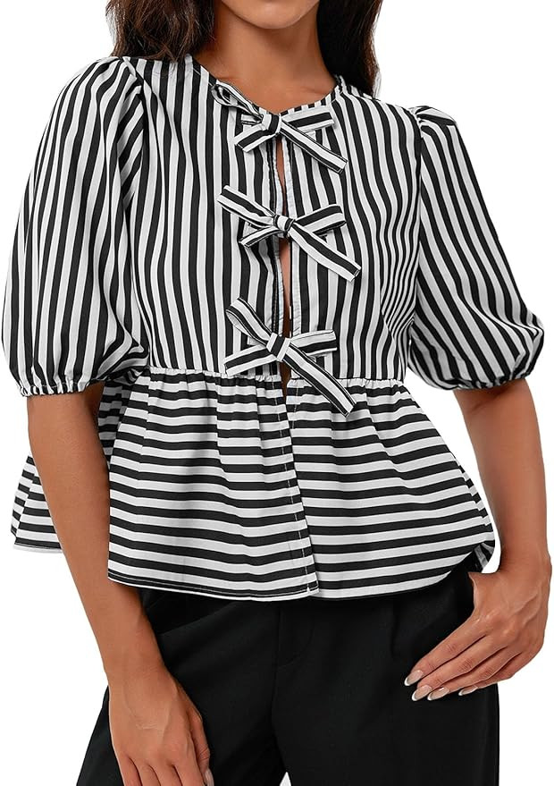 Tankaneo Womens Tie Front Tops Summer Peplum Babydoll Puff Short Sleeve Blouse Cute Cotton Shirts | Amazon (US)