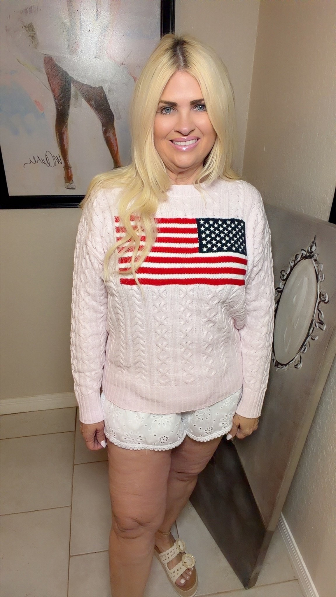 Pink American flag sweater styled with white eyelet shorts for the cutest preppy patriotic summer outfit. Perfect for Memorial Day weekends, beach trips, lake weekends and casual summer nights

#LTKSeasonal #LTKootd #LTKOver40