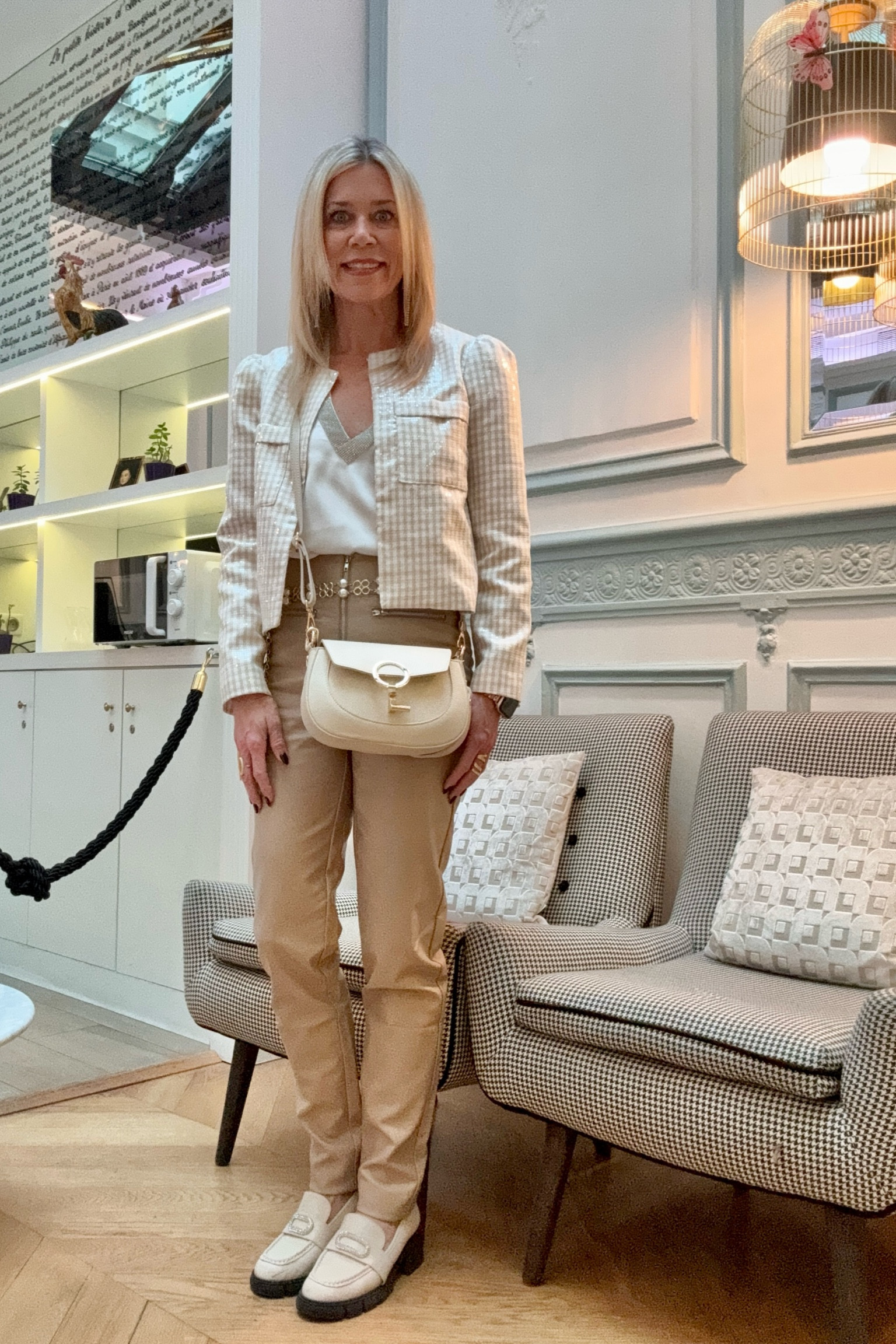 Paris outfit daytime. This sequin blazer is amazingly unique. Styled with a silk embellished top and leather pants. Daytime glam 🤍🤎🤍

#LTKSeasonal #LTKtravel #LTKMostLoved