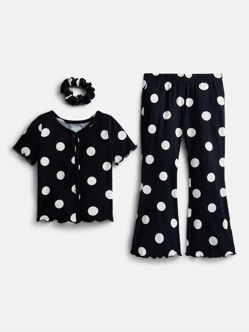 Wonder Nation Girls Ribbed Top and Pants Pajama Set with Scrunchie, 2 Piece, Sizes 4-18 | Walmart (US)