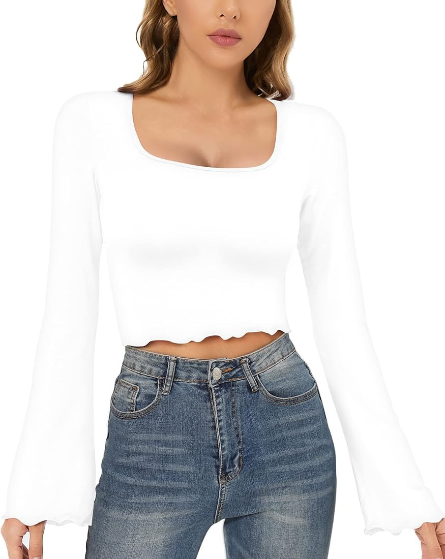 CLOZOZ Crop Tops for Women Square Neck Long Bell Sleeve Tops Lettuce Trim Crop Top Slim Fitted Bl... | Amazon (US)