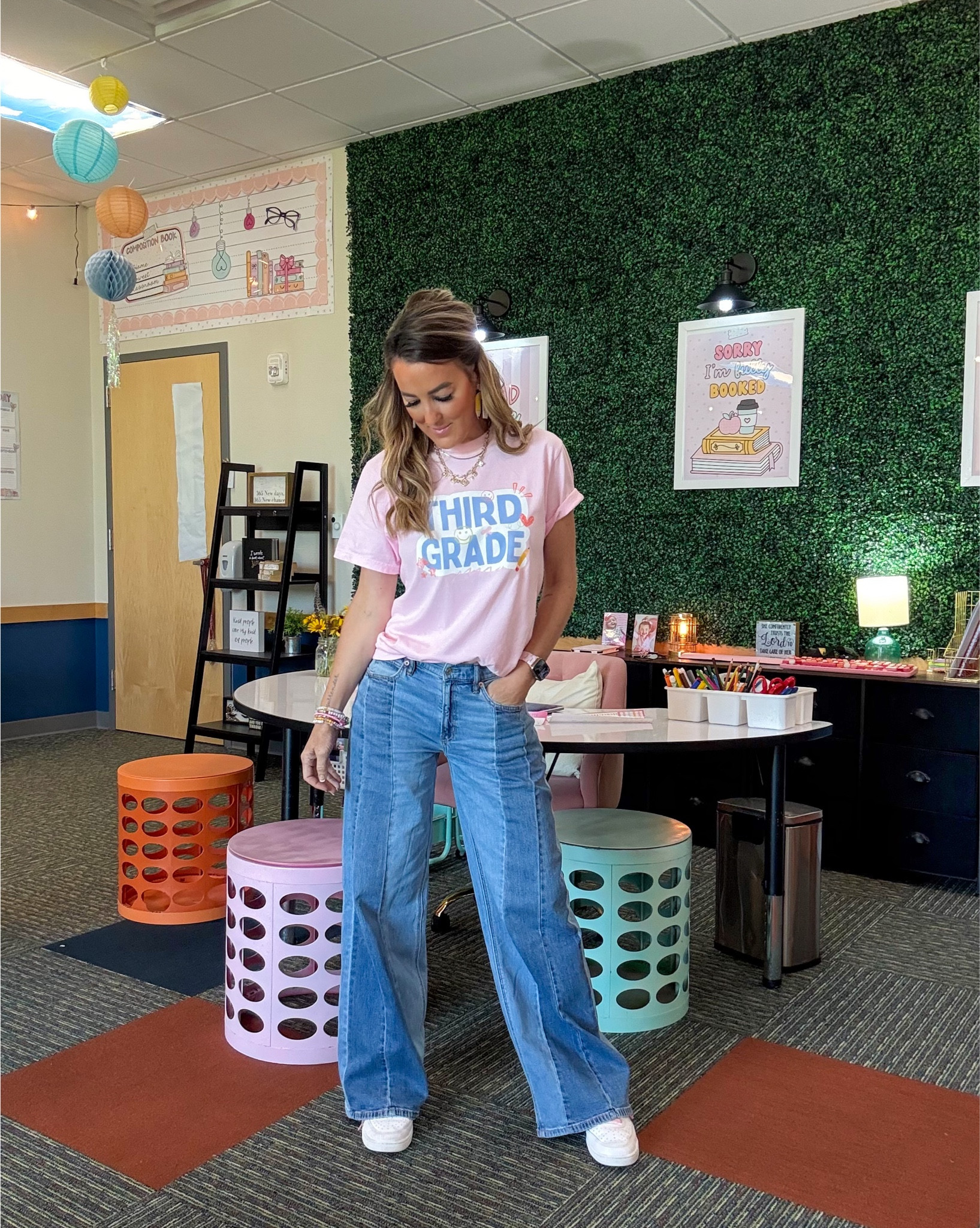 10/10 would recommend wearing this outfit again! Pencil earrings, gingham bow, super soft wide leg patchwork jeans, a teacher tee, and pink Nikes. 💕🎀💖 happy FriYAY! 🥳

Wide leg jeans, teacher outfit, teacher ootd, casual outfit 

#LTKFindsUnder50 #LTKWorkwear #LTKFindsUnder100