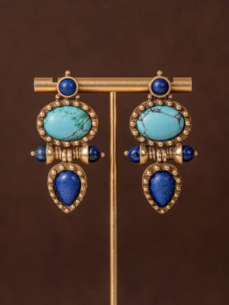 1 Pair Of Vintage Water Droplet Shaped Round Oval Stone Inlaid Earrings Suitable For Women's Dail... | SHEIN