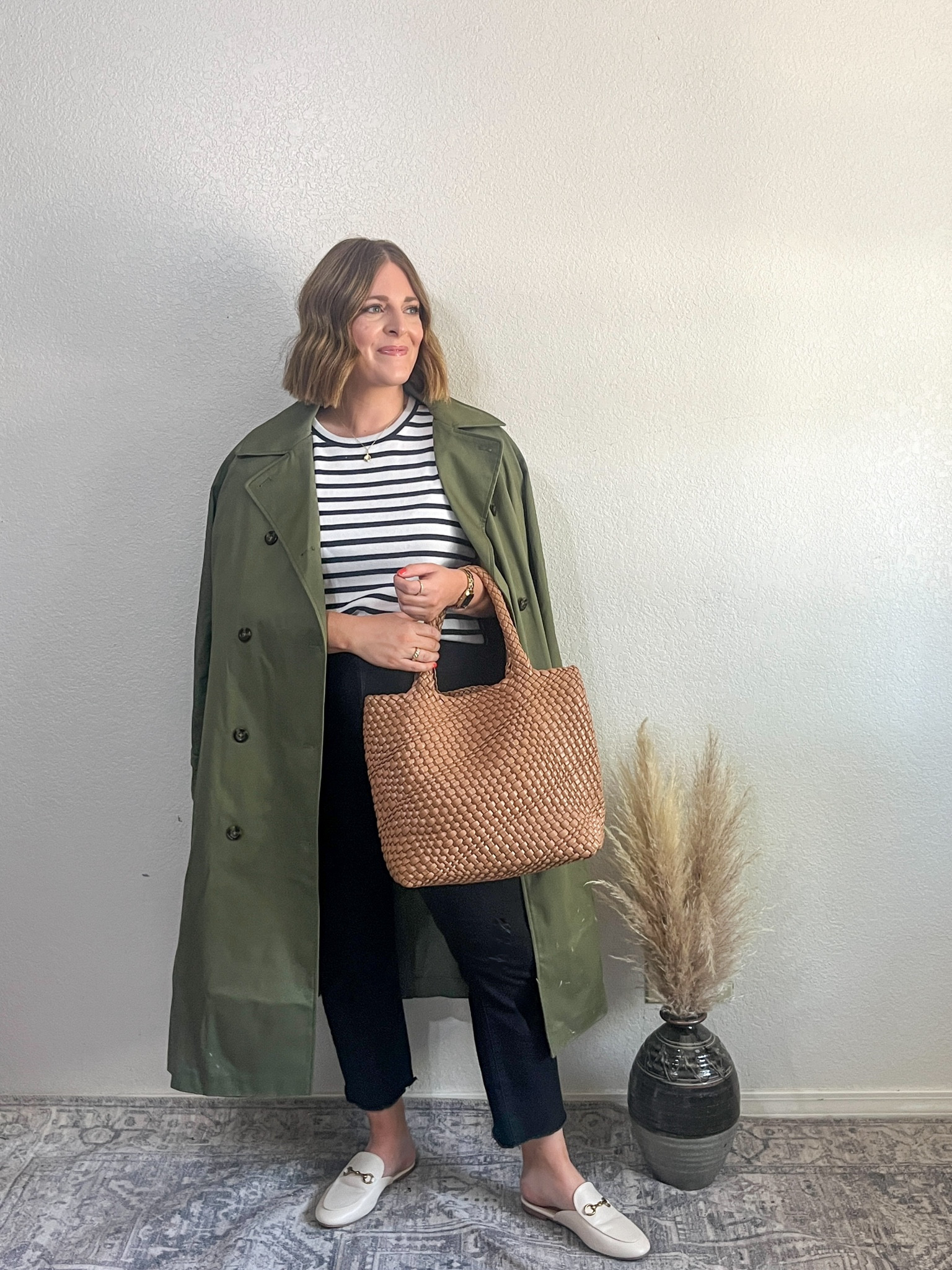Spring workwear look// classic striped tee + trench coat 

stay true to size for t-shirt 
trench coat M (runs big) size down

#LTKMidsize #LTKFindsUnder50 #LTKWorkwear