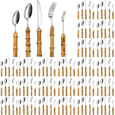 Bamboo Handle Stainless Steel Flatware Set - 120 Piece Natural Utensil Kit For Home, Restaurant, And Party Use | Wayfair North America