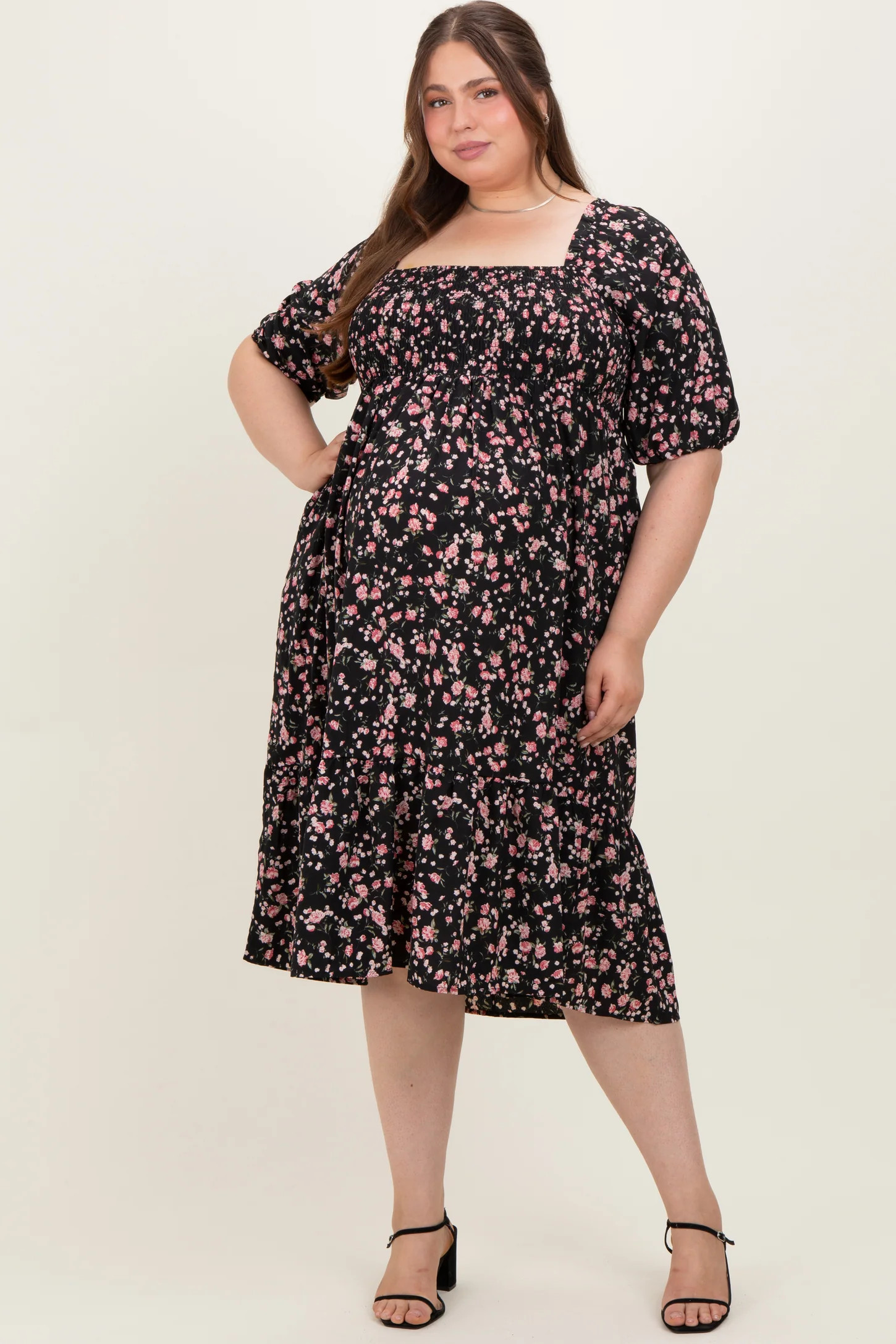 Pink Floral Smocked Maternity Plus Midi Dress | PinkBlush Maternity