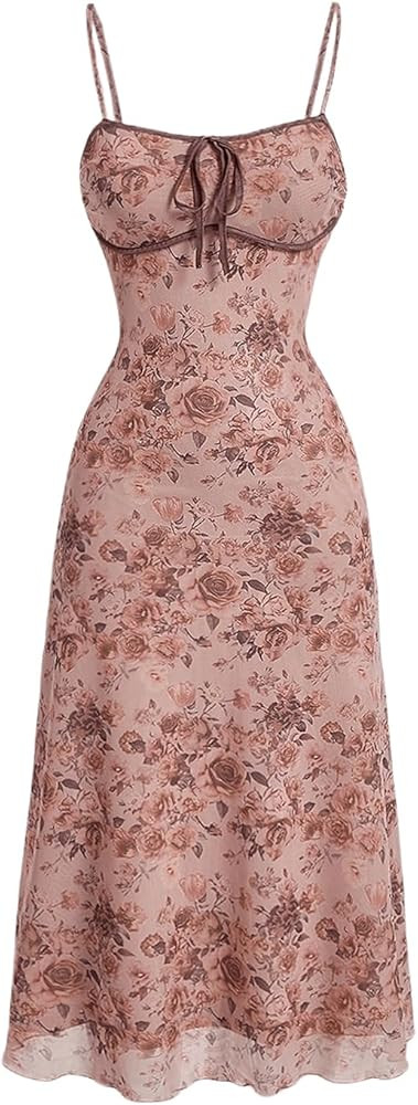 WDIRARA Women's Floral Lace Cami Dress Tie Front Lettuce Hem Dress High Waist Maxi Dresses | Amazon (US)